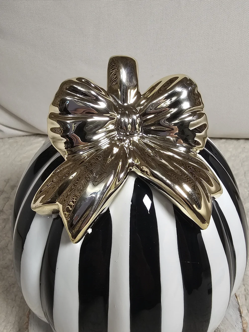 Black and White Striped Decorative Pumpkin with Gold Bow 8